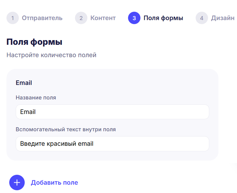 Третий шаг создания формы: настройка полей формы