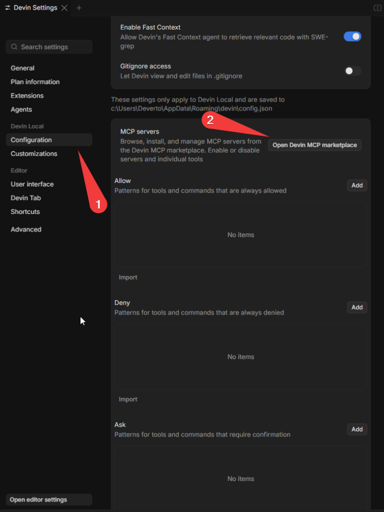 Devin Settings → Configuration → «MCP servers» → «Open Devin MCP marketplace»